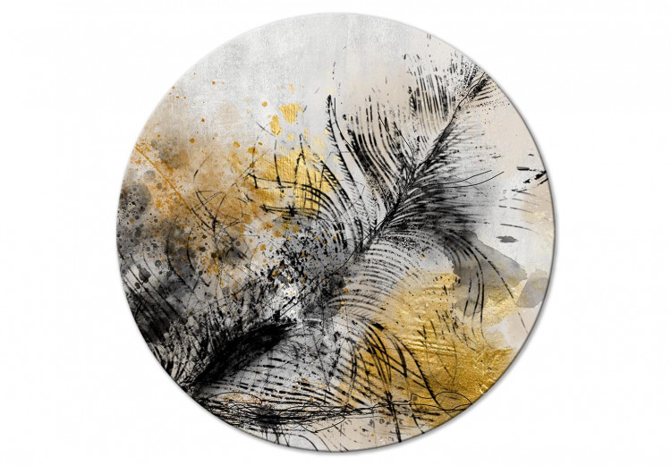 Round Canvas Black Feather - a Linear Sketch With a Golden Structure on a Beige Background 148711