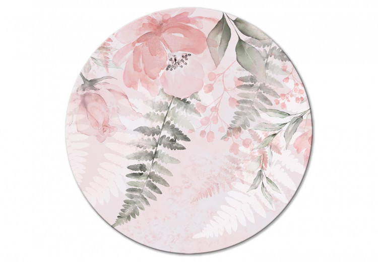 Round Canvas Pink Climbing Flowers - Roses and Ferns Painted With Watercolors 148911