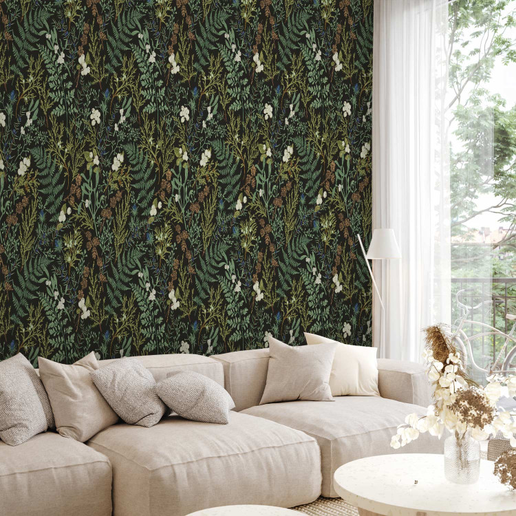 Wallpaper Botanical Pattern - Numerous Species of Leaves on a Graphite Background 149911