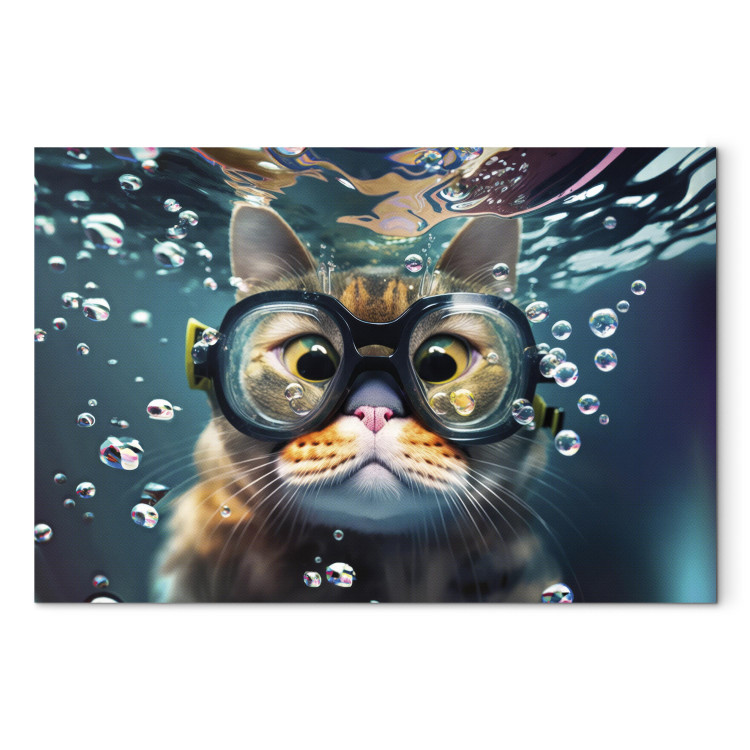 Canvas Art Print AI Cat - Diving Animal in Goggles Among Bubbles - Horizontal 150211