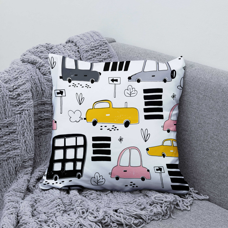 Decorative Microfiber Pillow Pleasant Journey - Sketches of Colorful Cars on a Minimalist Background 151311 additionalImage 2