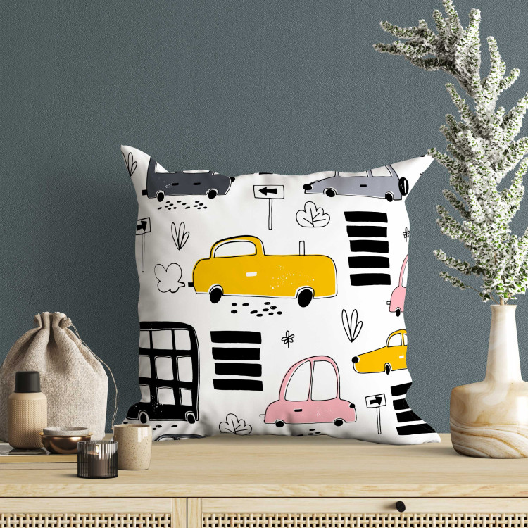 Decorative Microfiber Pillow Pleasant Journey - Sketches of Colorful Cars on a Minimalist Background 151311 additionalImage 5