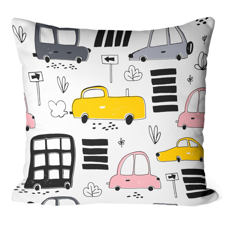 Decorative Microfiber Pillow Pleasant Journey - Sketches of Colorful Cars on a Minimalist Background 151311