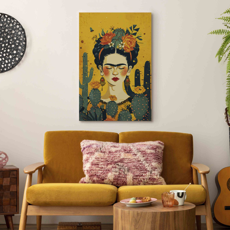 Large canvas print Frida With Cacti - Portrait of the Painter on an Orange Background [Large Format] 152211 additionalImage 5