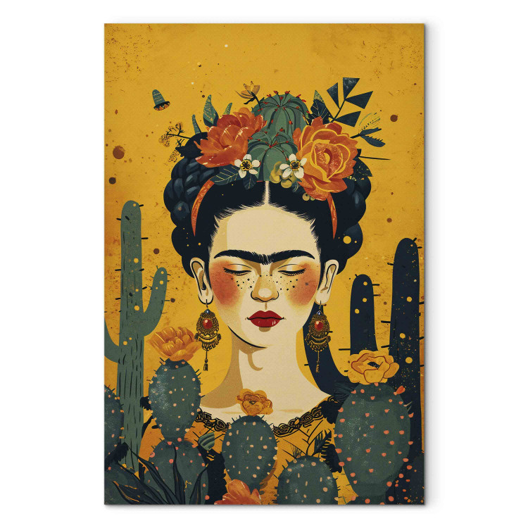Large canvas print Frida With Cacti - Portrait of the Painter on an Orange Background [Large Format] 152211