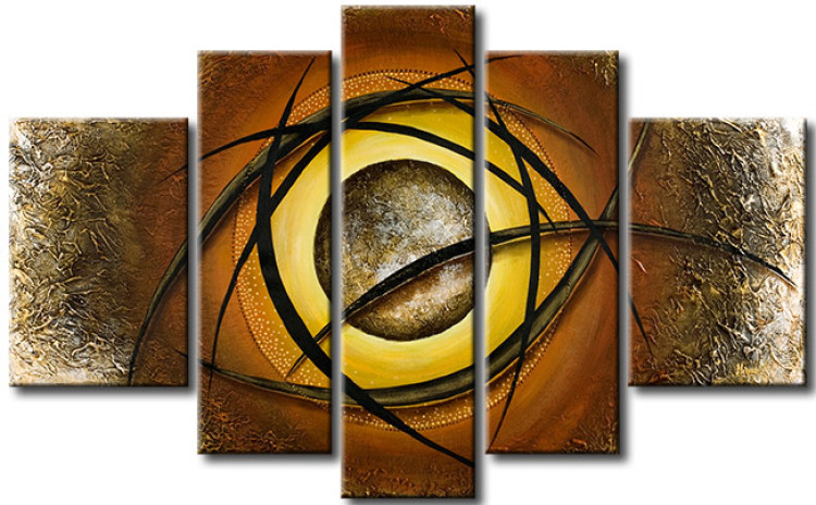 Canvas Print Eclipse (5-piece) - Brown abstraction with a yellow circle and ribbons 47711