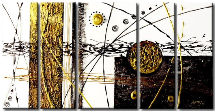 Canvas Crazy Motion (5-piece) - Black and white abstraction with a golden pattern 48211