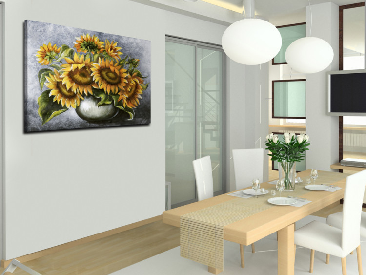 Canvas Art Print Sunflowers in a Pitcher (1-piece) - Bouquet of flowers on a gray background 48611 additionalImage 2