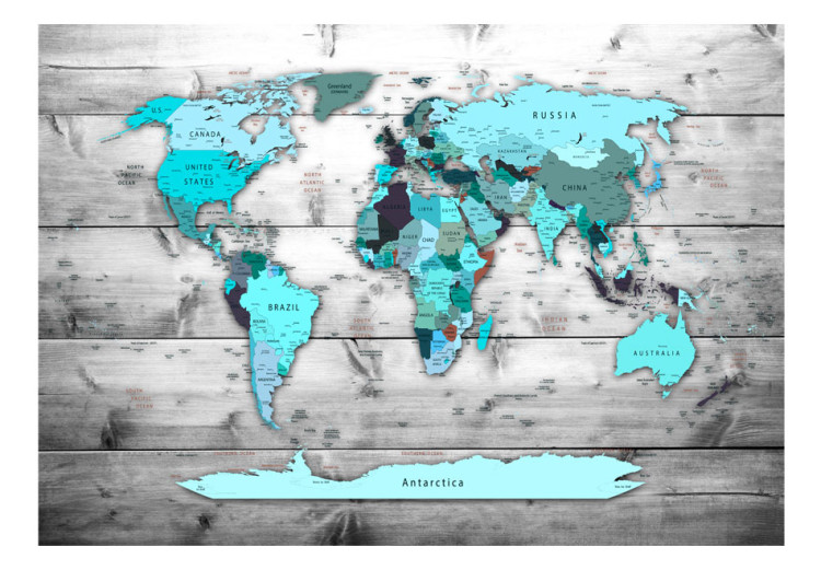 Wall Mural World in blue - world map in blue colours on wood 90211 additionalImage 1