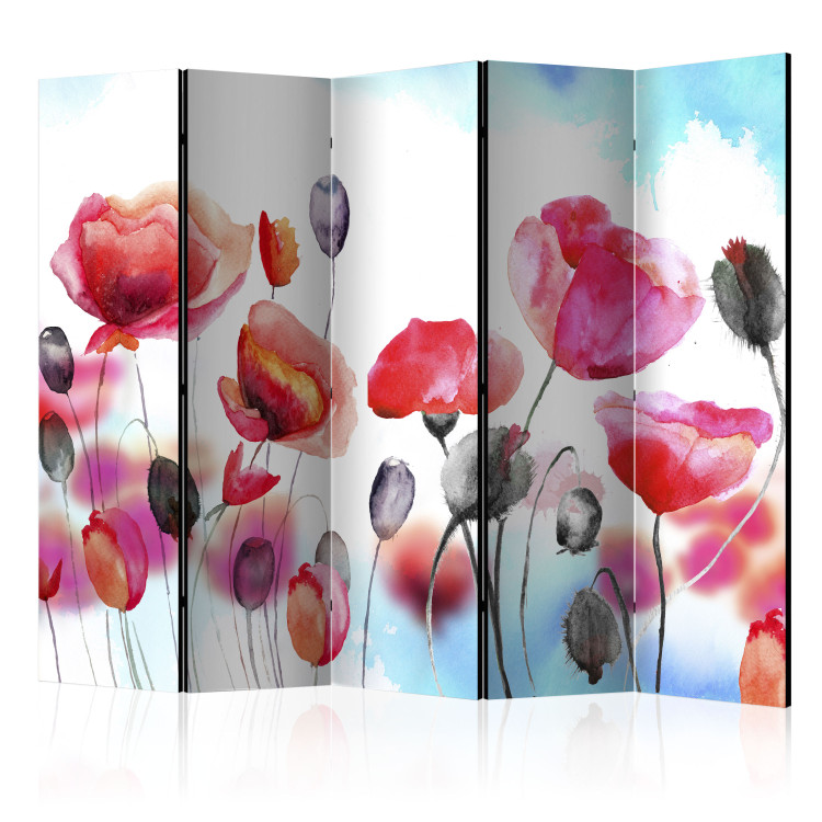 Room Separator Swayed by the Wind II - red poppy flowers on a light blue background 95611
