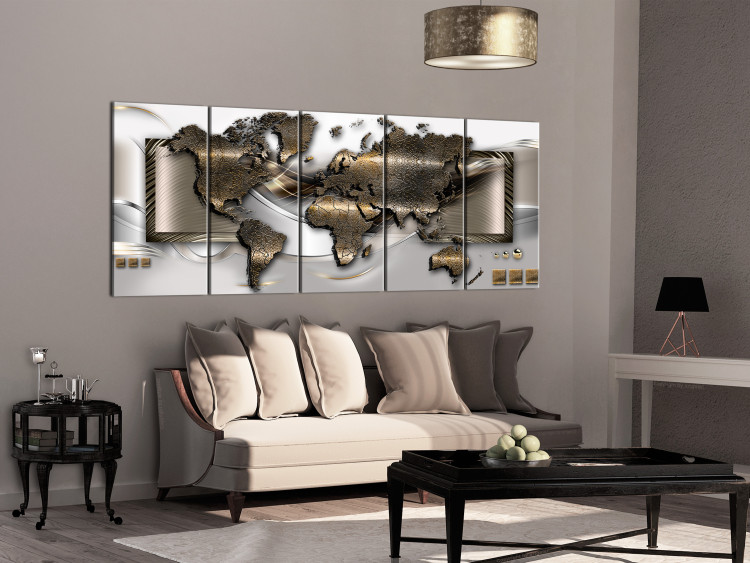 Canvas Elegant Map (5-piece) - Silver-Gold World with Abstraction in Background 105021 additionalImage 3