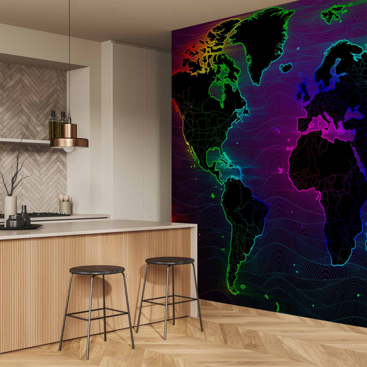 Photo Wallpaper Waves - world map with colourful outline of continents and dark background 106121 additionalImage 7