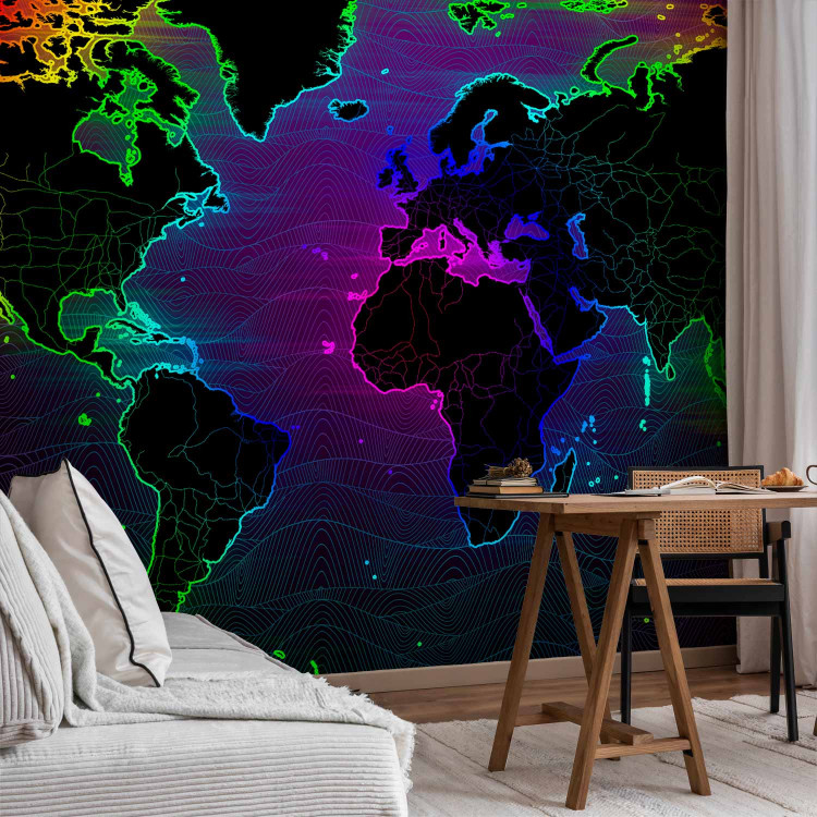 Photo Wallpaper Waves - world map with colourful outline of continents and dark background 106121 additionalImage 4