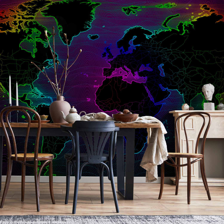 Photo Wallpaper Waves - world map with colourful outline of continents and dark background 106121 additionalImage 6