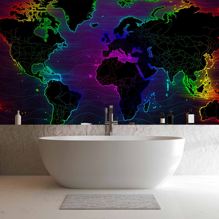 Photo Wallpaper Waves - world map with colourful outline of continents and dark background 106121 additionalImage 8