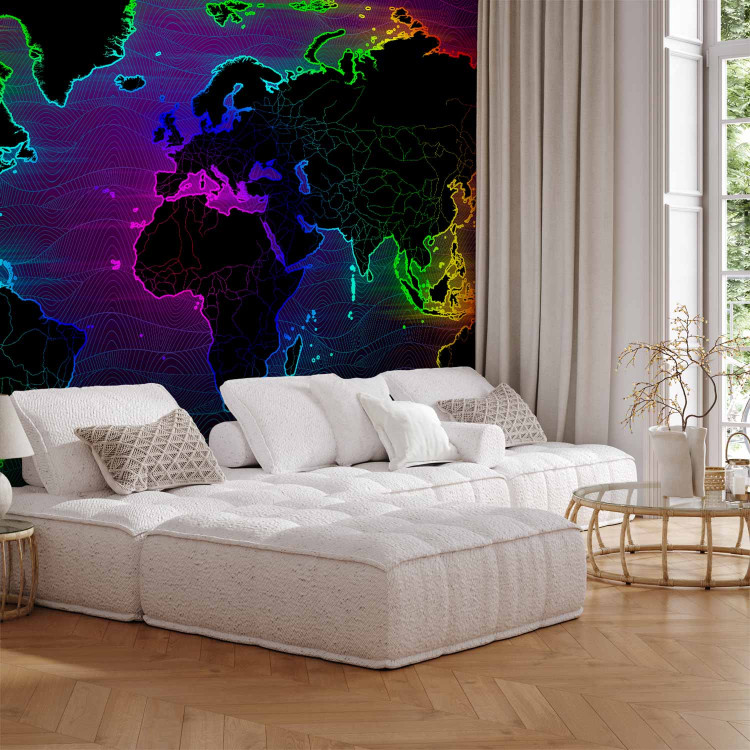 Photo Wallpaper Waves - world map with colourful outline of continents and dark background 106121
