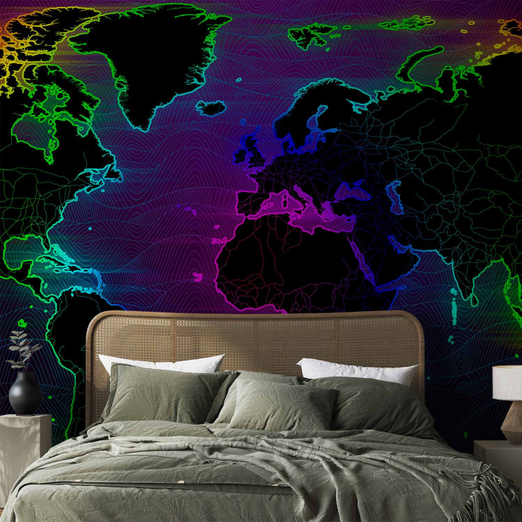 Photo Wallpaper Waves - world map with colourful outline of continents and dark background 106121 additionalImage 2