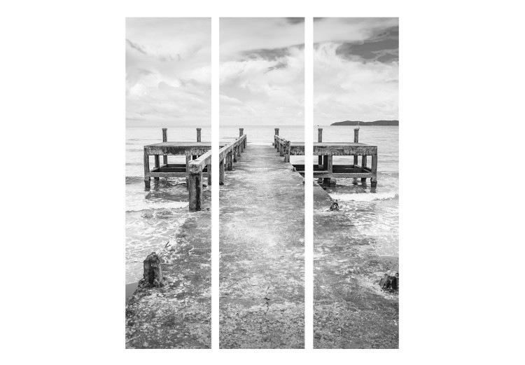 Folding Screen Concrete Pier (3-piece) - black and white seascape 124121 additionalImage 3