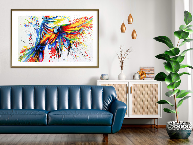 Wall Poster Phenomenal Flight - abstract flying colorful parrot on a white background 127321 additionalImage 13
