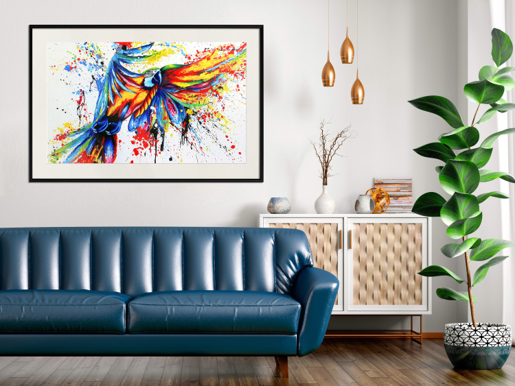 Wall Poster Phenomenal Flight - abstract flying colorful parrot on a white background 127321 additionalImage 24