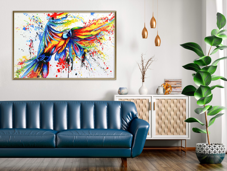 Wall Poster Phenomenal Flight - abstract flying colorful parrot on a white background 127321 additionalImage 5