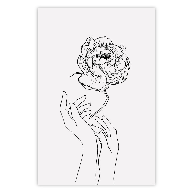 Wall Poster Delicate Flower - line art of flowers and hands on a contrasting white background 131921