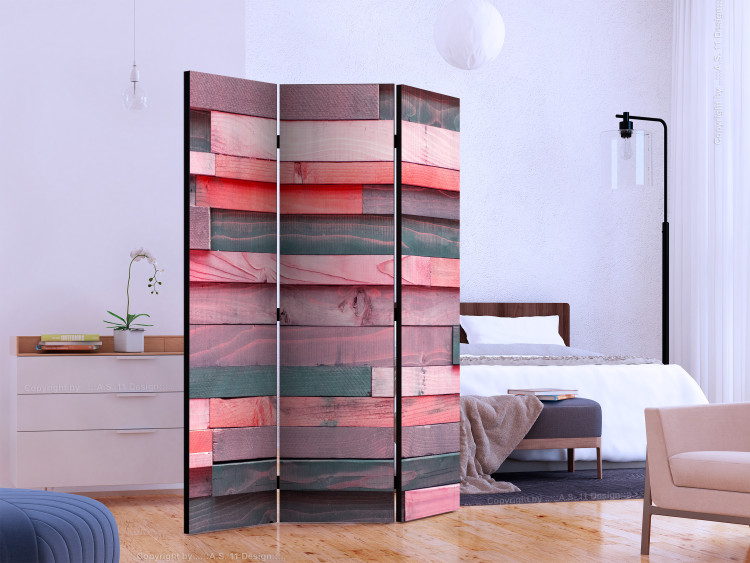Room Divider Screen Pink Cottage (3-piece) - composition in colorful wooden strips 133021 additionalImage 2