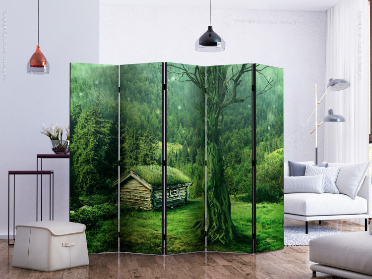 Room Divider Green Solitude II - fantasy green forest landscape with a small cottage 134121 additionalImage 2