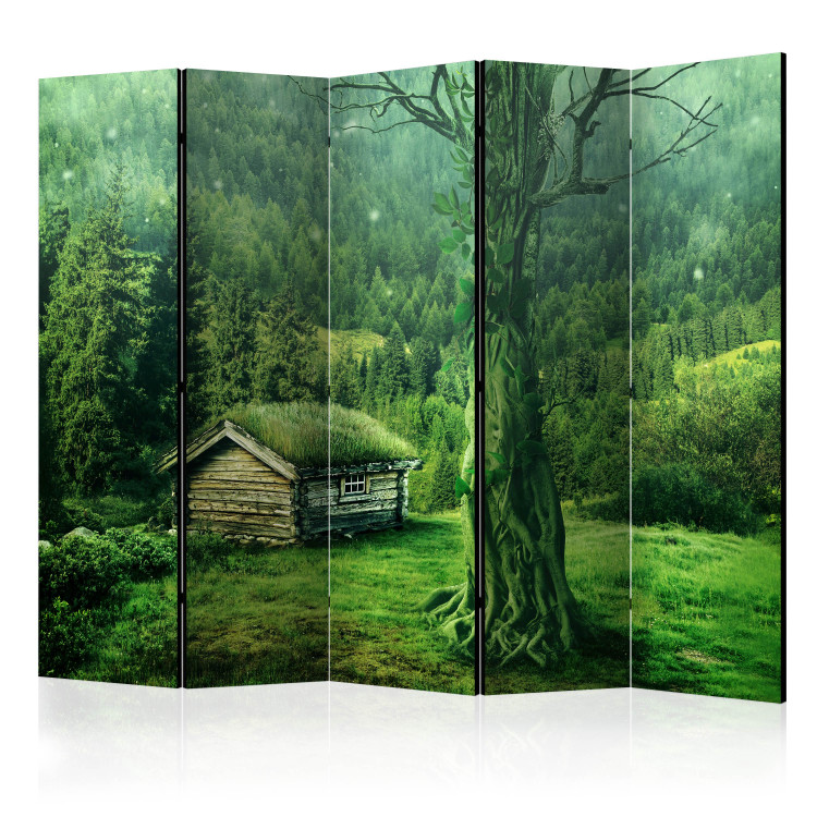 Room Divider Green Solitude II - fantasy green forest landscape with a small cottage 134121