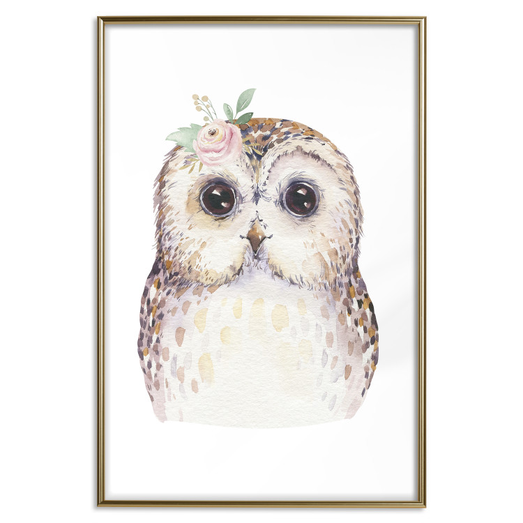 Poster Cheerful Owl - portrait of an owl with a flower on a white contrasting background 135721 additionalImage 9