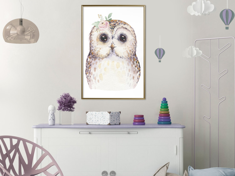Poster Cheerful Owl - portrait of an owl with a flower on a white contrasting background 135721 additionalImage 17
