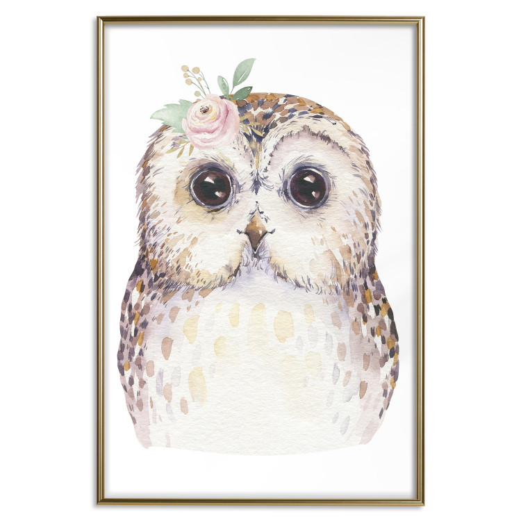 Poster Cheerful Owl - portrait of an owl with a flower on a white contrasting background 135721 additionalImage 15