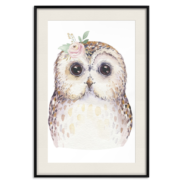 Poster Cheerful Owl - portrait of an owl with a flower on a white contrasting background 135721 additionalImage 11