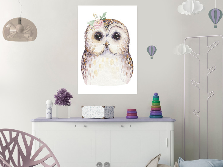 Poster Cheerful Owl - portrait of an owl with a flower on a white contrasting background 135721 additionalImage 27