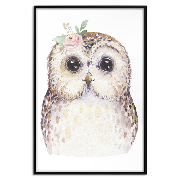 Poster Cheerful Owl - portrait of an owl with a flower on a white contrasting background 135721 additionalImage 13