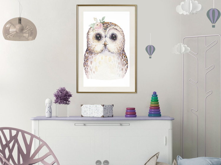 Poster Cheerful Owl - portrait of an owl with a flower on a white contrasting background 135721 additionalImage 20