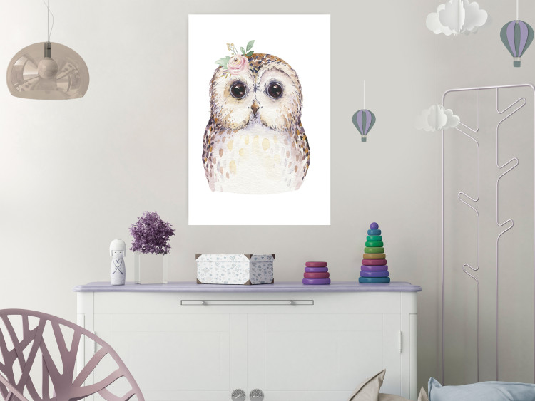 Poster Cheerful Owl - portrait of an owl with a flower on a white contrasting background 135721 additionalImage 18