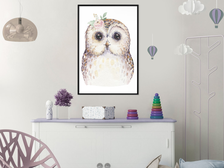 Poster Cheerful Owl - portrait of an owl with a flower on a white contrasting background 135721 additionalImage 26