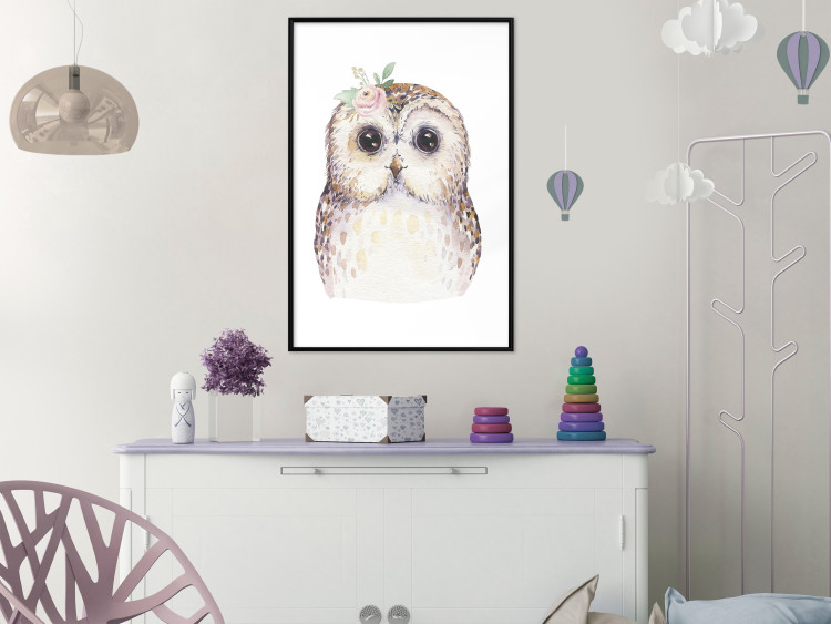 Poster Cheerful Owl - portrait of an owl with a flower on a white contrasting background 135721 additionalImage 16
