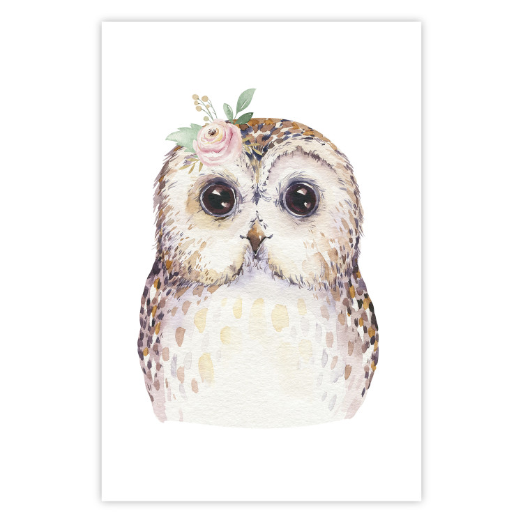 Poster Cheerful Owl - portrait of an owl with a flower on a white contrasting background 135721 additionalImage 12