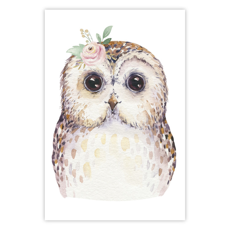 Poster Cheerful Owl - portrait of an owl with a flower on a white contrasting background 135721
