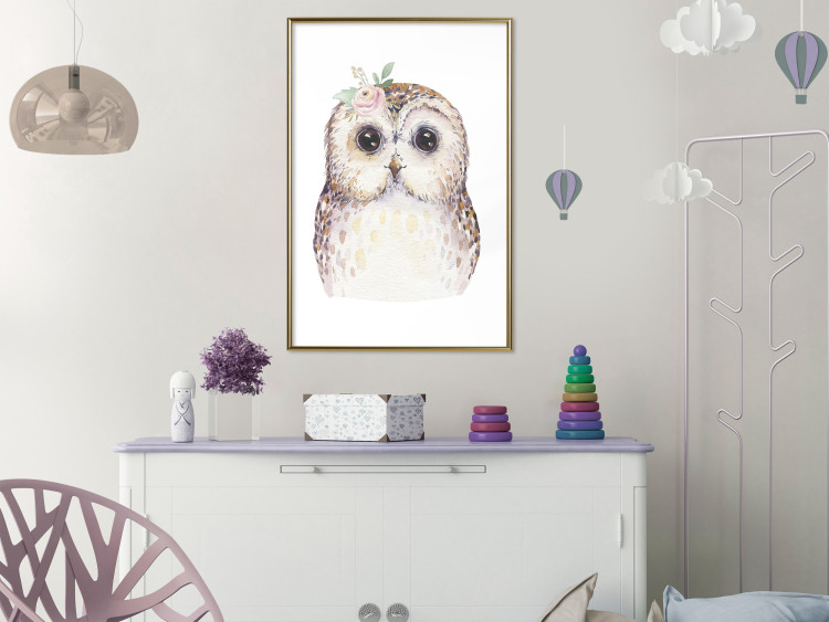Poster Cheerful Owl - portrait of an owl with a flower on a white contrasting background 135721 additionalImage 22