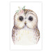 Poster Cheerful Owl - portrait of an owl with a flower on a white contrasting background 135721