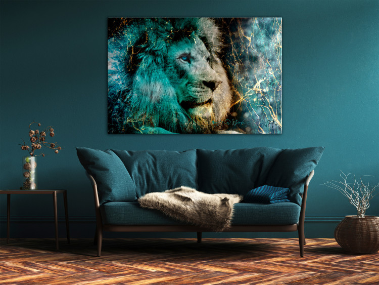 Canvas Print Blue King (1-piece) Wide - lion and gilded abstraction in the background 138221 additionalImage 3