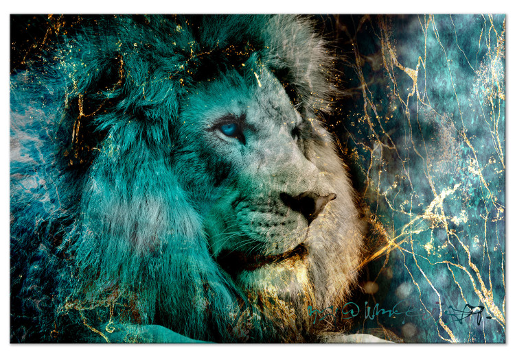 Canvas Print Blue King (1-piece) Wide - lion and gilded abstraction in the background 138221