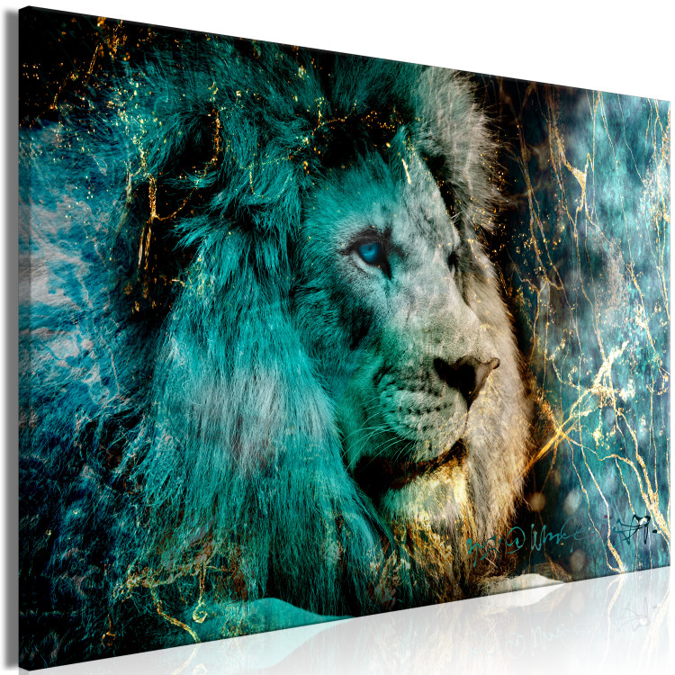 Canvas Print Blue King (1-piece) Wide - lion and gilded abstraction in the background 138221 additionalImage 2