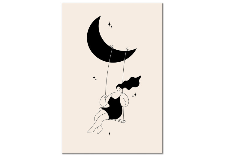 Canvas Rest - Girl Swinging on the Moon Surrounded by Black Stars 146121