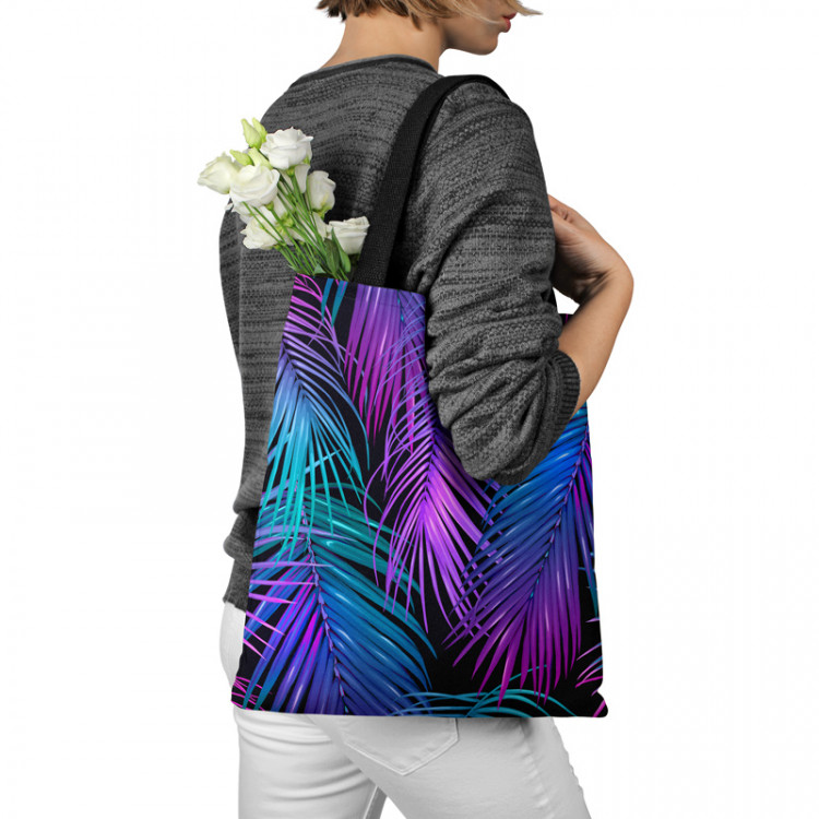Shopping Bag Neon palm trees - floral motif in shades of turquoise and purple 147621 additionalImage 3