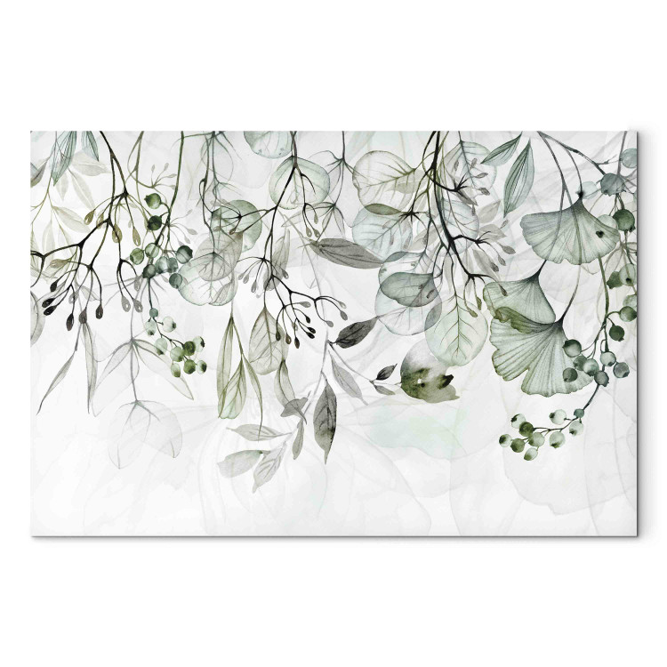 Canvas Print Watercolor Nature - Green Leaves, Flowers and Fruits on a White Background 151421