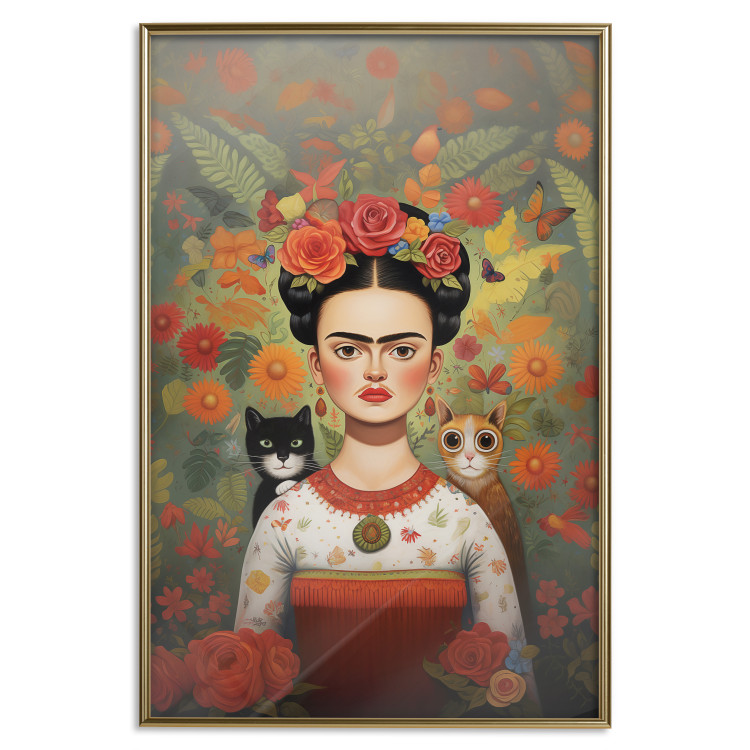 Wall Poster Cartoon Frida - Portrait of a Woman With Two Cats on Her Shoulders 152221 additionalImage 12